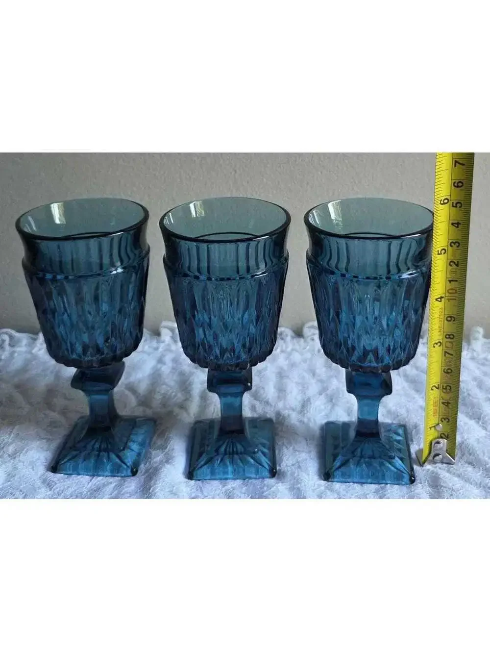 Vintage Blue Pressed Glass Goblets Set of 3 Square Foot Pedestal Wine Water